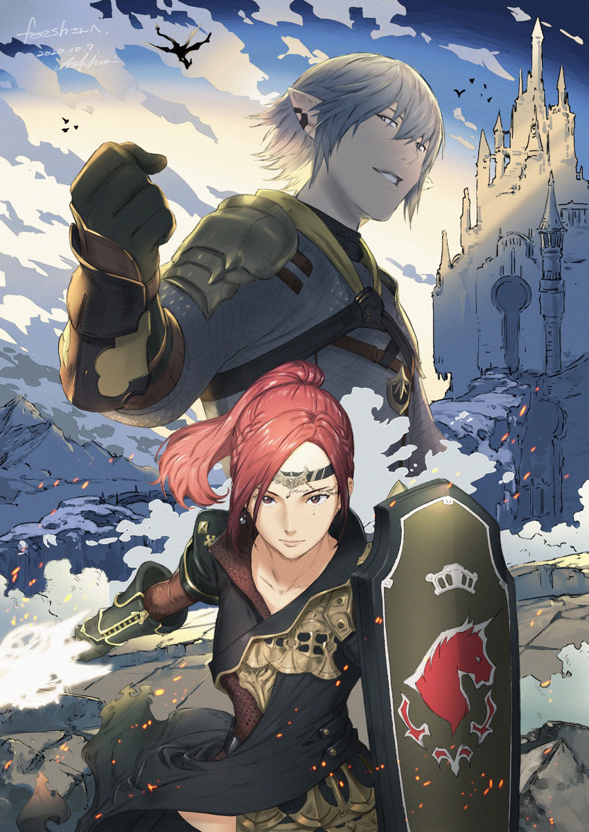 1boy 1girl absurdres ao_fujimori armor artist_name brown_eyes castle clenched_hand clouds cloudy_sky creature dress earrings gauntlets gloves grey_hair headband highres jewelry looking_at_viewer original outdoors pointy_ears redhead shield short_hair signature sky smile sword warrior weapon