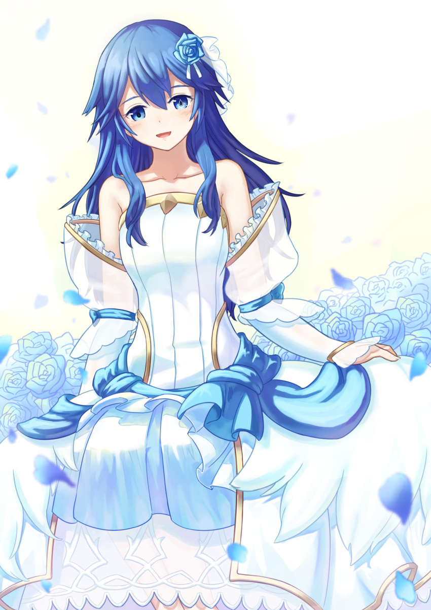 1girl alternate_costume bangs bare_shoulders blue_eyes blue_flower blue_hair bride bride_(fire_emblem) dress fire_emblem fire_emblem_awakening flower hair_flower hair_ornament highres long_hair looking_at_viewer lucina_(fire_emblem) official_alternate_costume open_mouth petals smile solo strapless strapless_dress sumire_l.a. symbol_in_eye wedding_dress white_dress
