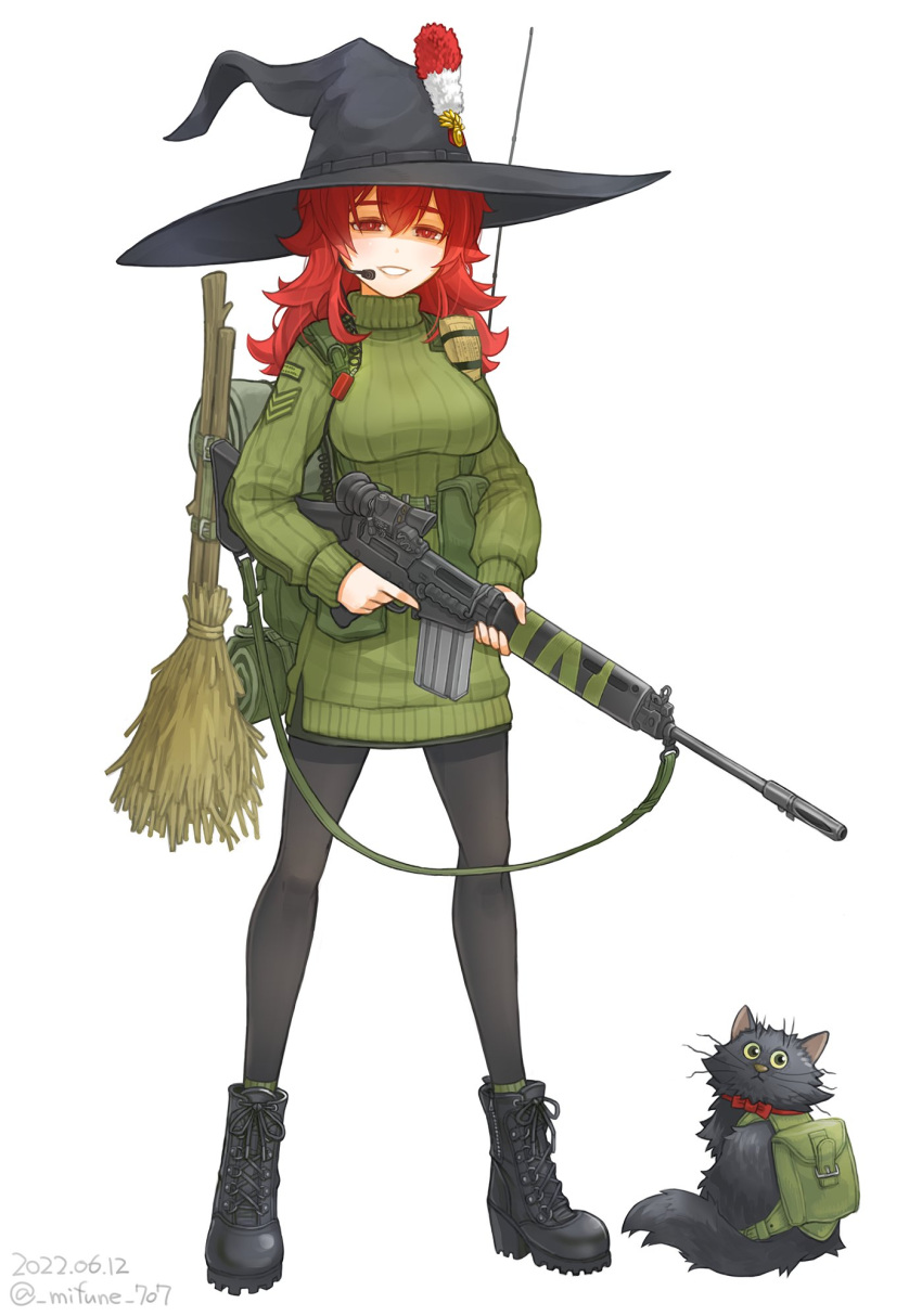1girl artist_name assault_rifle backpack bag battle_rifle bedroll belt belt_pouch black_cat black_headwear black_legwear boots breasts british british_army broom cat combat_boots commentary_request dated fn_fal green_legwear green_sweater gun hat hat_ornament headset highres holding holding_gun holding_weapon insignia large_breasts microphone mifune_(_mifune_707) military military_uniform mre muzzle_brake name_tag open_mouth original pantyhose pouch radio radio_antenna red_eyes red_ribbon redhead ribbon rifle scope socks standing sweater trigger_discipline turtleneck turtleneck_sweater twitter_username uniform weapon white_background witch witch_hat