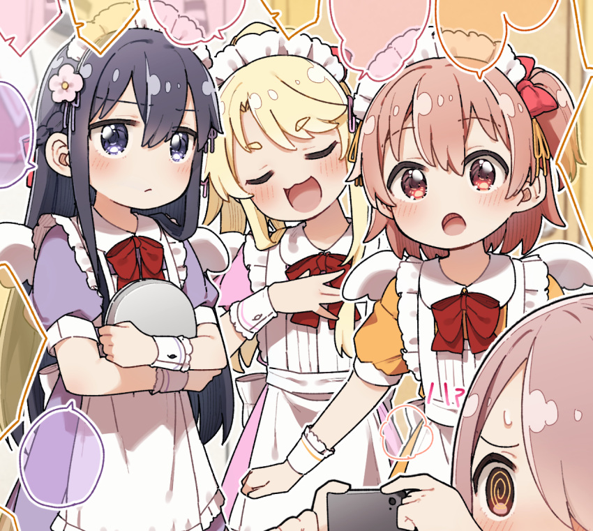 4girls :3 :d :o @_@ alternate_costume apron black_hair blonde_hair blue_eyes brown_eyes cellphone enmaided flower hair_flower hair_ornament himesaka_noa holding holding_phone holding_tray hoshino_hinata hoshino_miyako_(wataten) maid maid_apron maid_headdress multiple_girls orange_hair phone puffy_short_sleeves puffy_sleeves shirosaki_hana short_sleeves side_ponytail smartphone smile tray watashi_ni_tenshi_ga_maiorita! yukie_(kusaka_shi)