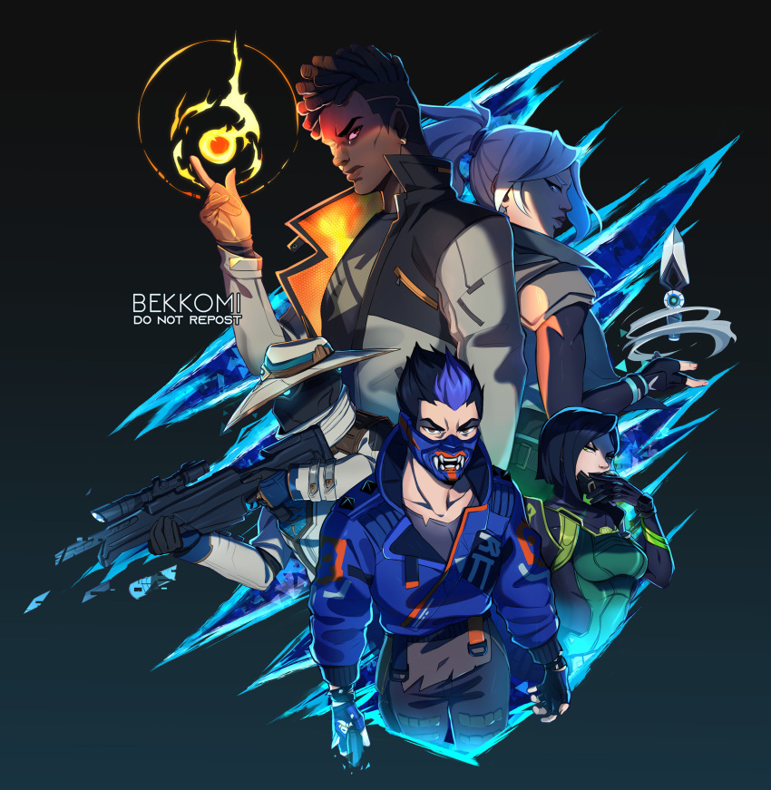 2girls 3boys absurdres aiming artist_name bekkomi belt black_hair blue_hair bodysuit covered_mouth cypher_(valorant) dark-skinned_male dark_skin dreadlocks fingerless_gloves fire fireball floating floating_object gloves glowing glowing_eyes green_eyes gun hand_on_own_face hat highres jacket jett_(valorant) kunai long_hair long_sleeves looking_at_viewer mask mask_removed multicolored_hair multiple_boys multiple_girls open_clothes open_jacket orange_eyes pants phoenix_(valorant) ponytail pyrokinesis rifle shirt short_hair signature spiky_hair t-shirt undercut valorant viper_(valorant) weapon white_hair wind yoru_(valorant)