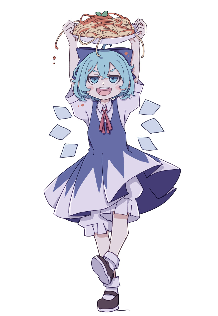 &gt;:) 1girl :d absurdres ahoge bangs blue_bow blue_dress blue_eyes blue_hair bow brown_footwear cirno collared_shirt dress fairy_wings flat_chest food hair_bow highres ice ice_wings kame_(kamepan44231) long_dress mary_janes neck_ribbon parsley pasta pinafore_dress puffy_short_sleeves puffy_sleeves red_ribbon ribbon shirt shoes short_hair short_sleeves simple_background smile socks solo spaghetti stain tomato_sauce touhou v-shaped_eyebrows white_background white_legwear white_shirt wings