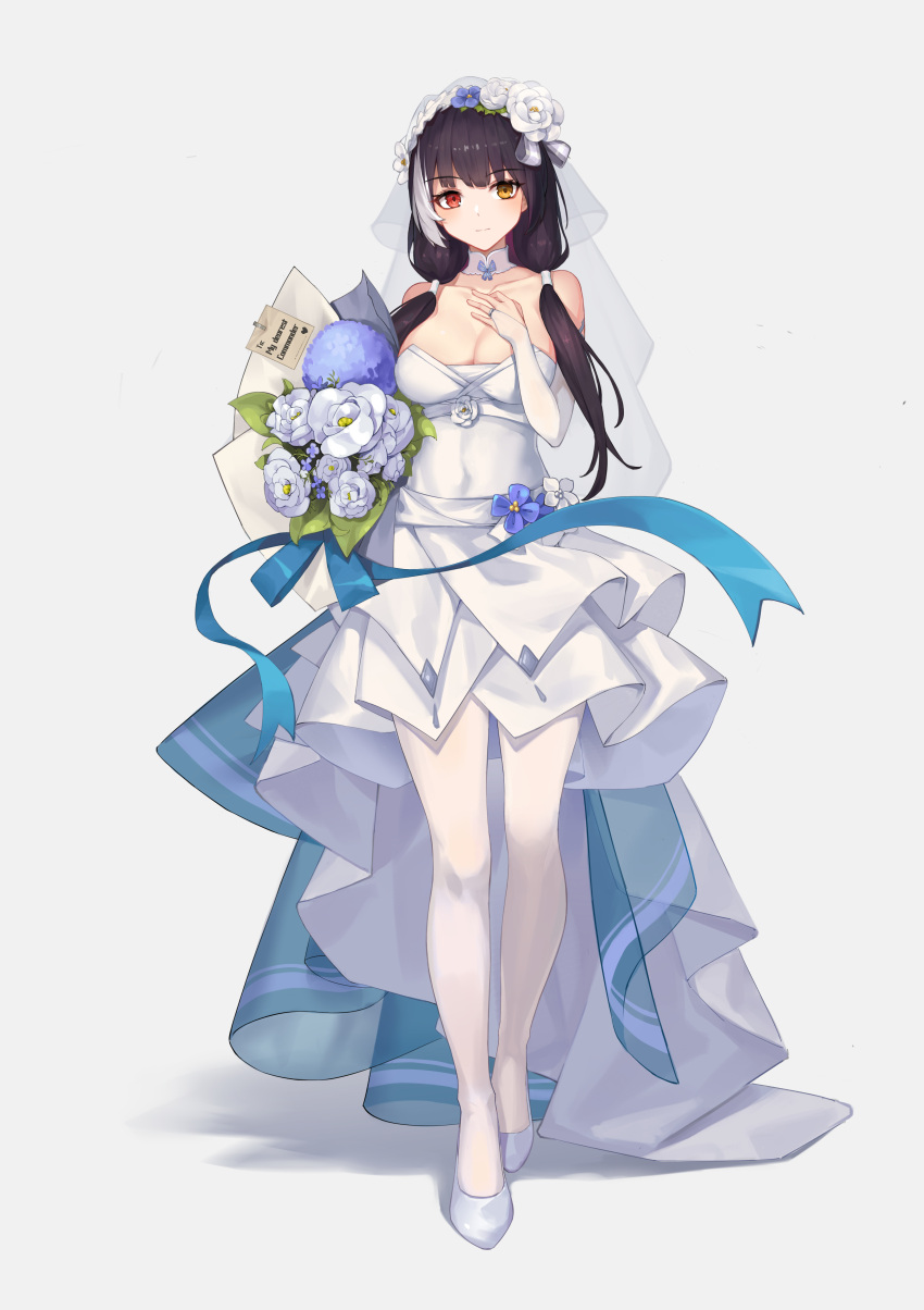 1girl absurdres black_hair blue_flower bouquet breasts bridal_gauntlets bride commission dress elbow_gloves flower full_body girls_frontline gloves heterochromia high_heels highres holding holding_bouquet jewelry large_breasts long_hair low_twintails mausratten multicolored_hair pantyhose red_eyes ring ro635_(girls'_frontline) solo standing strapless strapless_dress streaked_hair twintails veil wedding_band wedding_dress white_dress white_flower white_footwear white_gloves white_hair white_legwear white_veil yellow_eyes
