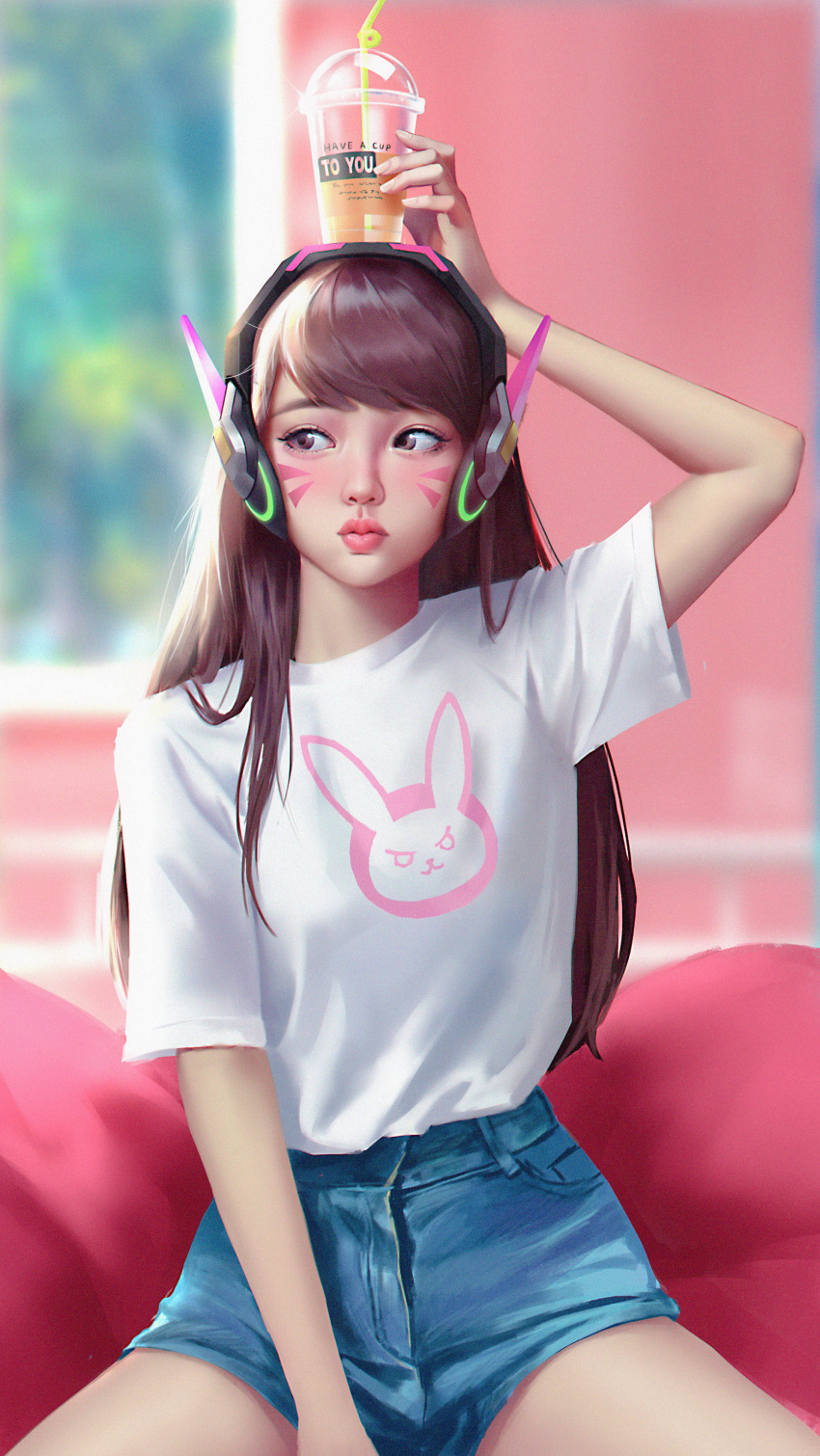 1girl :i absurdres alternate_costume bean_bag_chair blurry blurry_background brown_eyes brown_hair cowboy_shot cup cup_on_head d.va_(overwatch) digele disposable_cup facepaint facial_mark frappuccino headphones highres long_hair overwatch shirt shirt_tucked_in short_sleeves shorts solo t-shirt whisker_markings