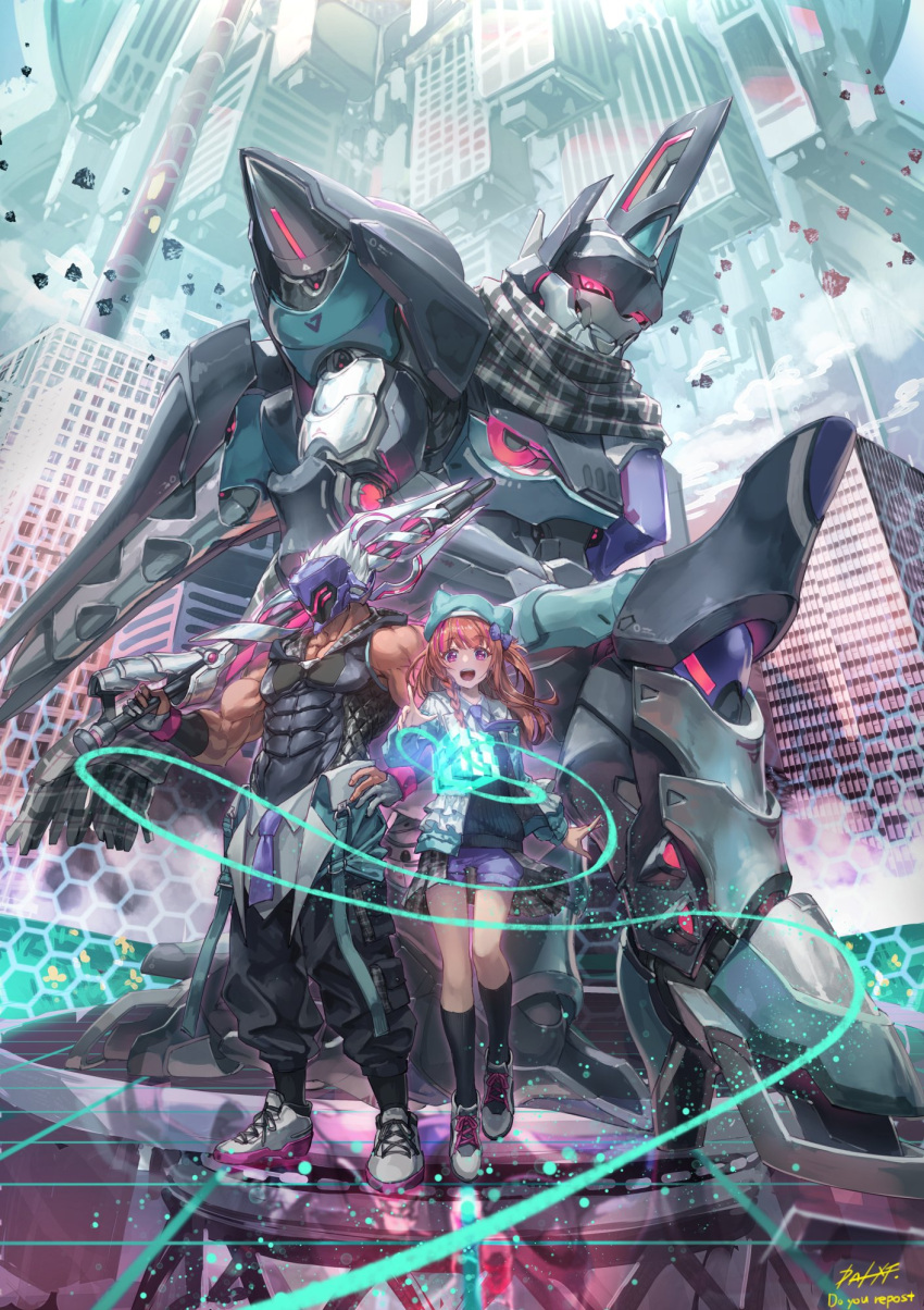 1boy 1girl artist_name biceps building cube dai-xt fingerless_gloves gloves glowing glowing_eyes hand_on_hip hat highres jacket kneeling long_hair looking_at_viewer mask mecha miniskirt muscular muscular_male necktie open_clothes open_jacket open_mouth original outdoors over_shoulder pants pink_eyes redhead ribbon scarf shoes signature skirt smile smirk socks spiky_hair sweater sword tan teeth thick_arms tongue weapon weapon_over_shoulder white_hair