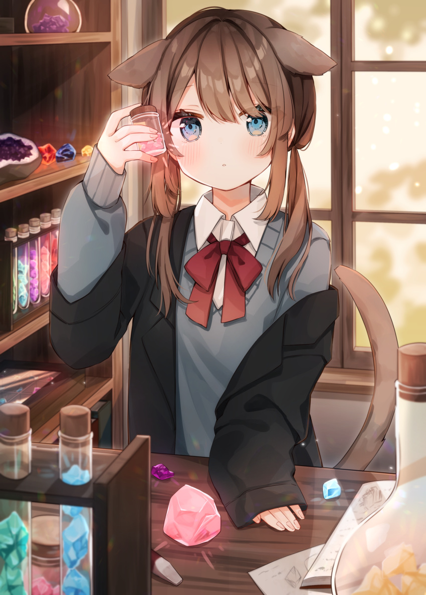 1girl animal_ears arm_up bangs black_jacket blue_eyes blush bow bowtie brown_hair collared_shirt extra_ears eyes_visible_through_hair gem grey_sweater heripiro highres holding holding_jar indoors jacket jar layered_sleeves long_hair long_sleeves original parted_lips red_bow red_bowtie shelf shirt sleeves_past_wrists solo sweater tail tail_raised test_tube twintails white_shirt window wooden_table