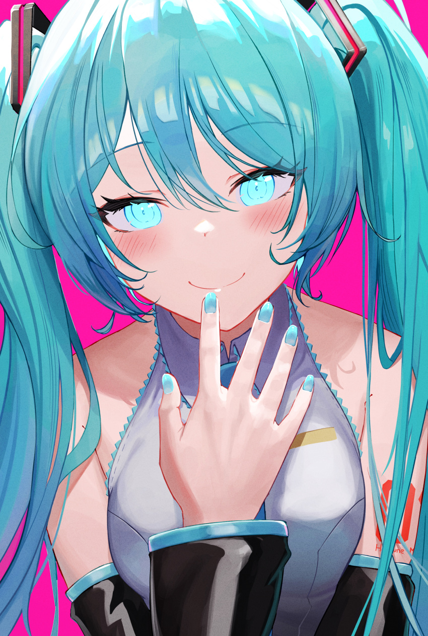 1girl bare_shoulders bib_(bibboss39) blue_eyes blue_hair blue_nails breasts eyebrows_visible_through_hair grey_background hair_between_eyes hatsune_miku highres long_hair looking_at_viewer medium_breasts naughty_face open_mouth simple_background smile solo twintails upper_body vocaloid