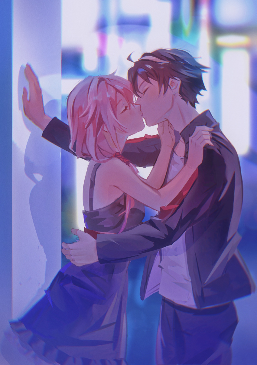 1boy 1girl absurdres bare_arms black_dress black_jacket black_pants blurry blurry_background blush brown_hair closed_eyes couple dress from_side guilty_crown hair_over_shoulder hetero highres jacket kabedon kiss long_hair negai_(48282230) open_clothes open_jacket ouma_shuu pants pink_hair shiny shiny_hair shirt short_dress short_hair sleeveless sleeveless_dress twintails white_shirt yuzuriha_inori