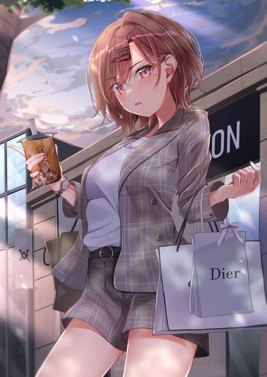 1girl absurdres bag blush brand_name_imitation breasts cup disposable_cup highres higuchi_madoka holding holding_cup idolmaster idolmaster_shiny_colors jacket looking_at_viewer medium_breasts mole mole_under_eye outdoors plaid plaid_jacket plaid_shorts red_eyes redhead shopping_bag short_hair shorts solo sweatdrop watch watch yzk_knmn