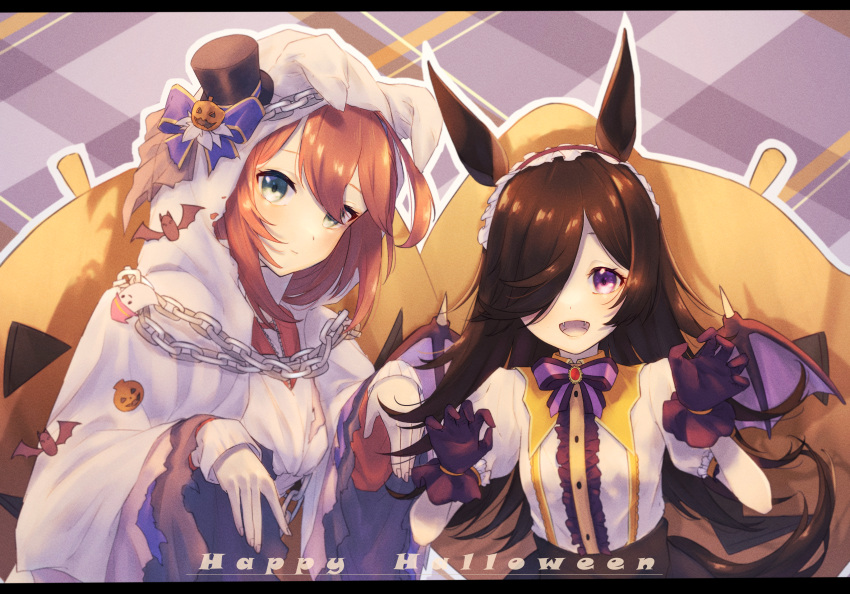 2girls absurdres animal_ears bangs blue_eyes bow bowtie brown_hair center_frills chain claw_pose cloak closed_mouth collarbone fangs frilled_hairband frills ghost_pose gloves hair_over_one_eye hairband halloween happy_halloween hat highres hood hooded_cloak horse_ears horse_girl horse_tail isana615 jack-o'-lantern letterboxed long_hair looking_at_viewer mihono_bourbon_(ghosty_and_the_magic_of_halloween)_(umamusume) mihono_bourbon_(umamusume) mini_hat mini_top_hat multiple_girls open_mouth puffy_short_sleeves puffy_sleeves purple_gloves rice_shower_(make_up_vampire!)_(umamusume) rice_shower_(umamusume) shirt short_sleeves smile tail top_hat torn_clothes umamusume upper_body violet_eyes white_shirt wings