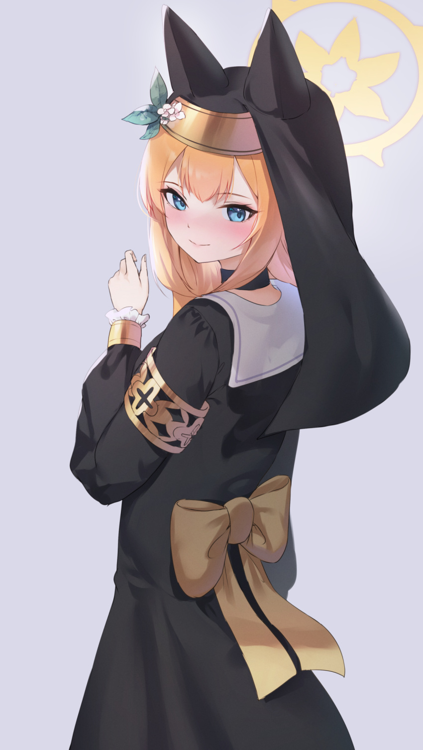 1girl animal_ear_headwear arm_at_side bangs black_dress blue_archive blue_eyes blue_hair blush choker closed_mouth dress halo hand_up highres long_hair long_sleeves looking_at_viewer looking_back mari_(blue_archive) nose_blush orange_eyes pepeo simple_background smile solo