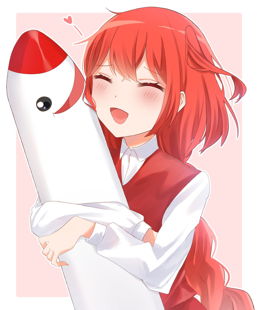 1girl bangs blush braid braided_ponytail collared_shirt commentary_request happy heart highres long_hair long_sleeves milll_77 mimi-chan object_hug okazaki_yumemi open_mouth outside_border pink_background red_vest redhead shirt simple_background solo touhou touhou_(pc-98) vest white_shirt wing_collar