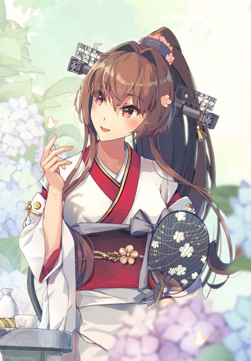 1girl alcohol bangs blush bottle breasts brown_eyes brown_hair chair cherry_blossoms choko_(cup) clenched_hand cup day eyebrows_visible_through_hair flower food hair_flower hair_ornament hand_fan head_tilt highres himeyamato holding holding_fan japanese_clothes kantai_collection kimono large_breasts long_hair looking_to_the_side obi open_mouth outdoors paper_fan pink_flower ponytail purple_flower sakazuki sake sake_bottle sash sidelocks sitting smile table tokkuri vegetation very_long_hair white_flower white_kimono wide_sleeves yamato_(kancolle) yamato_kai_ni_(kancolle)