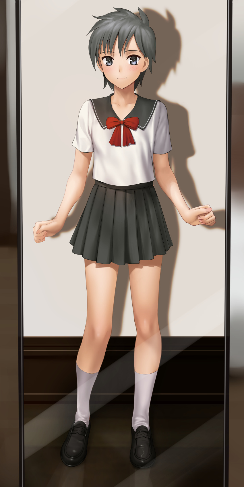 1girl absurdres besmiled black_footwear black_sailor_collar black_skirt blue_eyes bow closed_mouth collarbone commentary_request full_body grey_hair highres loafers looking_at_viewer mirror original pleated_skirt red_bow reflection sailor_collar school_uniform serafuku shirt shoes short_sleeves skirt smile socks solo standing white_legwear white_shirt wooden_floor