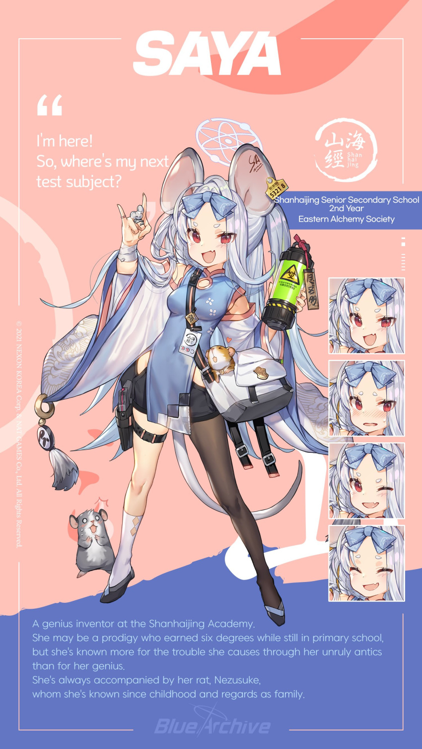 1girl absurdres animal_ears asymmetrical_legwear bag biohazard_symbol blue_archive breasts canister character_name character_sheet china_dress chinese_clothes dress ear_tag full_body guinea_pig gun halo handbag handgun highres holstered_weapon large_ears medium_breasts mouse mouse_ears mouse_girl mouse_tail official_art red_eyes saya_(blue_archive) socks solo tail thigh-highs uneven_legwear weapon whoisshe wide_sleeves