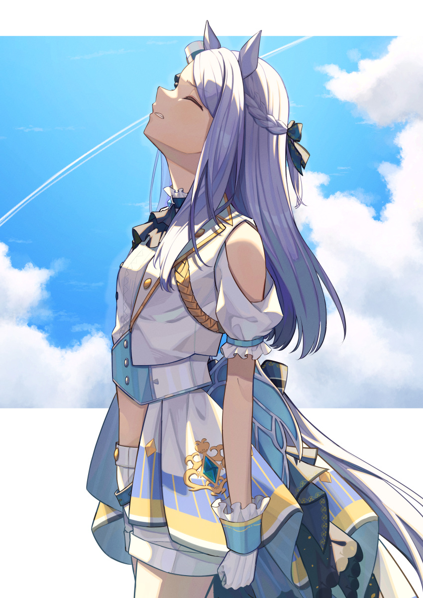 1girl absurdres animal_ears arms_at_sides ascot clenched_teeth closed_eyes clothing_cutout clouds contrail corset cowboy_shot cropped_jacket facing_up gloves highres horse_ears horse_girl horse_tail isana615 jacket long_hair mejiro_mcqueen_(umamusume) midriff purple_hair shorts shoulder_cutout sideways_mouth solo tail teeth umamusume white_gloves white_jacket white_shorts