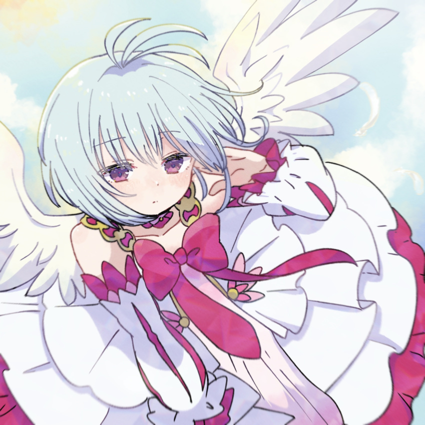 1girl adjusting_hair ahoge angel_wings bangs blue_sky bow bowtie clouds commentary_request detached_sleeves dress eyebrows_visible_through_hair feathers fitoria_(tate_no_yuusha_no_nariagari) highres layered_dress light_blue_hair looking_to_the_side pink_bow pink_bowtie short_hair sidelocks sky solo tate_no_yuusha_no_nariagari tyokamaru upper_body violet_eyes white_dress white_wings wings