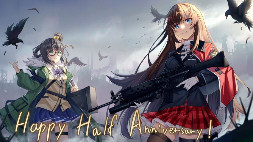 2girls anniversary assault_rifle backlighting bangs bird black_jacket blue_skirt bow bowtie breasts brown_hair calder_(pixiv3698273) carrying case cityscape collared_shirt commentary_request counter:side crow dawn dot_nose english_text eyebrows_visible_through_hair floating_hair glasses gloves green_jacket grenade_launcher gun hair_bobbles hair_ornament hand_up handgun highres holding holding_gun holding_weapon holstered_weapon jacket jacket_on_shoulders kim_sobin light_blush long_hair long_sleeves looking_afar looking_at_viewer medium_breasts multiple_girls open_clothes open_jacket open_mouth plaid plaid_skirt pleated_skirt red_skirt rifle ruins semi-rimless_eyewear seo_yoon shirt side_ponytail skirt smile smog smoke snap-fit_buckle standing sunlight thigh-highs thigh_strap underbarrel_grenade_launcher weapon white_gloves white_shirt zettai_ryouiki