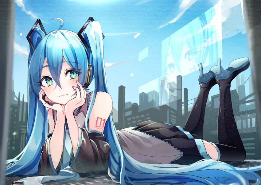 1girl :3 absurdres ahoge aqua_eyes arm_tattoo bangs black_footwear black_skirt black_sleeves blue_hair boots closed_mouth collared_shirt day detached_sleeves eyebrows_visible_through_hair full_body grey_shirt hair_between_eyes hair_ornament hatsune_miku head_rest headphones headset high_heel_boots high_heels highres kusunokimizuha long_hair long_sleeves looking_at_viewer lying microphone miniskirt number_tattoo on_stomach outdoors pleated_skirt shirt skirt sleeveless sleeveless_shirt solo tattoo the_pose thigh_boots twintails very_long_hair vocaloid wing_collar zettai_ryouiki