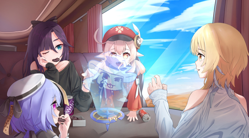 4girls :d absurdres ahoge alternate_costume alternate_hairstyle arm_support bangs black_hair blonde_hair blue_sky cabbie_hat can casual clouds cloudy_sky clover_print coca-cola cola commentary cookie couch curtains eating english_commentary eyebrows_visible_through_hair feather_hair_ornament feathers food from_behind genshin_impact green_eyes hair_between_eyes hair_down hair_ornament hair_ribbon hat hat_feather hat_ornament highres holding holding_cookie holding_food horizon indoors jiangshi klee_(genshin_impact) light_brown_hair long_hair long_sleeves looking_at_another low_twintails lumine_(genshin_impact) mona_(genshin_impact) mouth_hold multiple_girls ofuda one_eye_closed orange_eyes pointy_ears purple_hair qiqi_(genshin_impact) ribbon ritae short_hair short_hair_with_long_locks sidelocks sky smile soda_can spinner sweatdrop table twintails violet_eyes window yellow_eyes