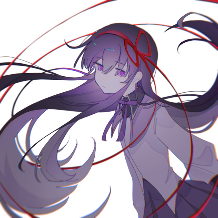 1girl akemi_homura chinese_commentary chromatic_aberration closed_mouth commentary_request expressionless eyebrows_visible_through_hair hair_ribbon highres long_hair long_sleeves mahou_shoujo_madoka_magica moqing785 neck_ribbon pleated_skirt purple_hair purple_ribbon purple_skirt red_ribbon ribbon shirt skirt solo violet_eyes white_background white_shirt