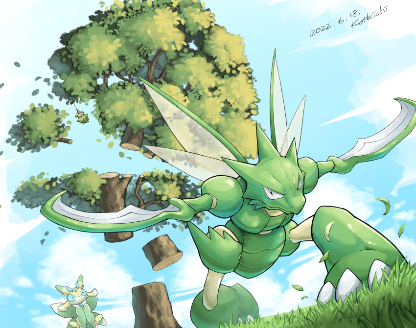 absurdres alternate_color closed_mouth clouds cutting dated day falling_leaves from_below grass highres katkichi leaf log lurantis no_humans outdoors pokemon pokemon_(creature) scyther shiny_pokemon signature sky smile tree