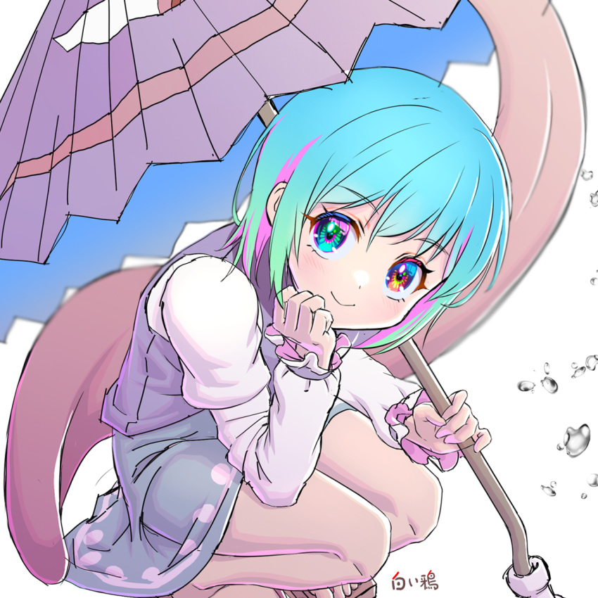 1girl blue_eyes blue_hair blue_skirt blue_vest blurry depth_of_field foot_out_of_frame from_above geta hand_on_own_cheek hand_on_own_face hand_up heterochromia highres holding holding_umbrella juliet_sleeves karakasa_obake long_sleeves looking_at_viewer puffy_sleeves red_eyes shiroi_karasu simple_background skirt smile solo squatting tatara_kogasa tongue touhou umbrella vest white_background