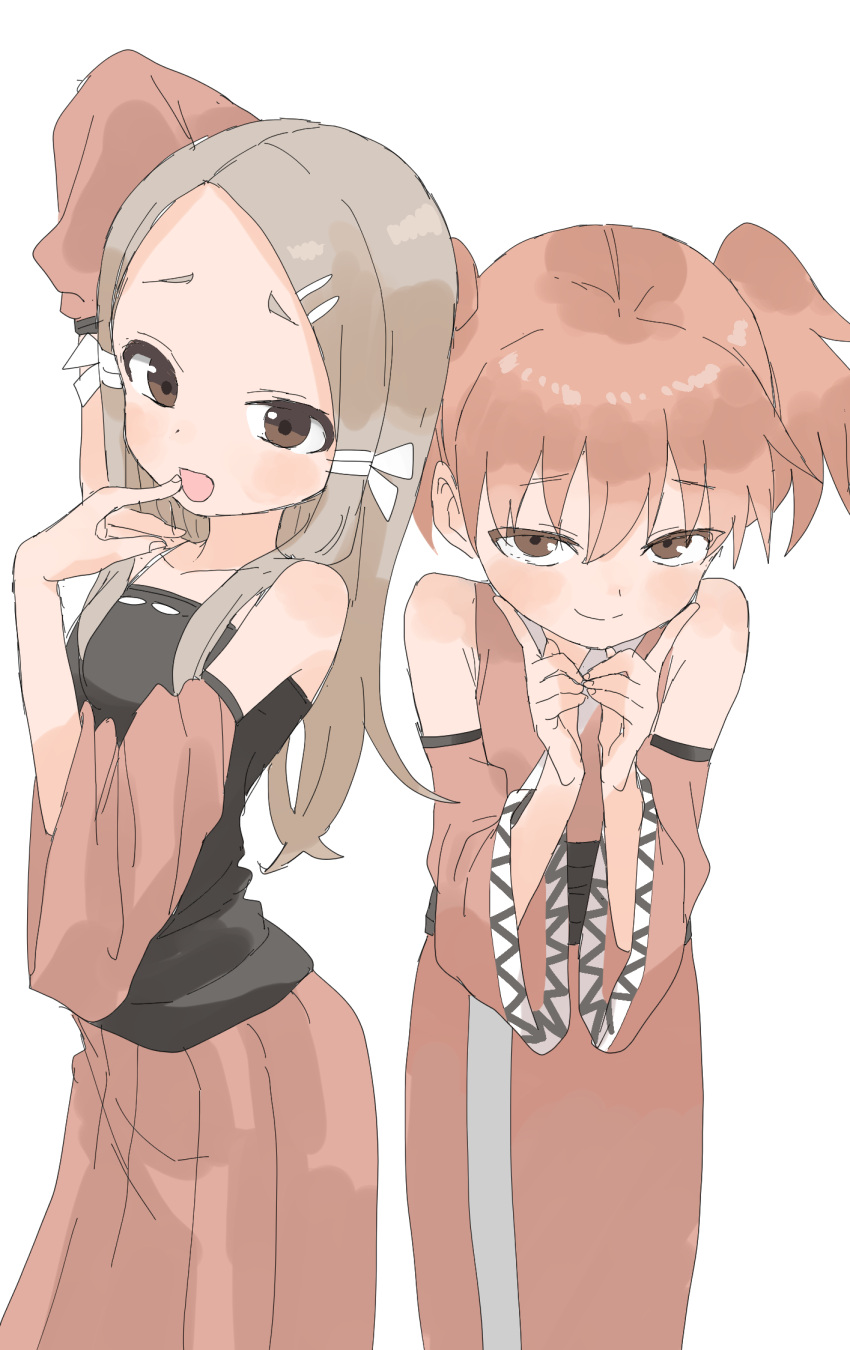 2girls ajisai_(kunoichi_tsubaki_no_mune_no_uchi) arm_behind_head brown_eyes brown_hair closed_mouth detached_sleeves forehead highres japanese_clothes kunoichi_tsubaki_no_mune_no_uchi long_hair looking_at_viewer multiple_girls open_mouth redhead short_hair simple_background twintails ume_(kunoichi_tsubaki_no_mune_no_uchi) white_background yamamoto_souichirou