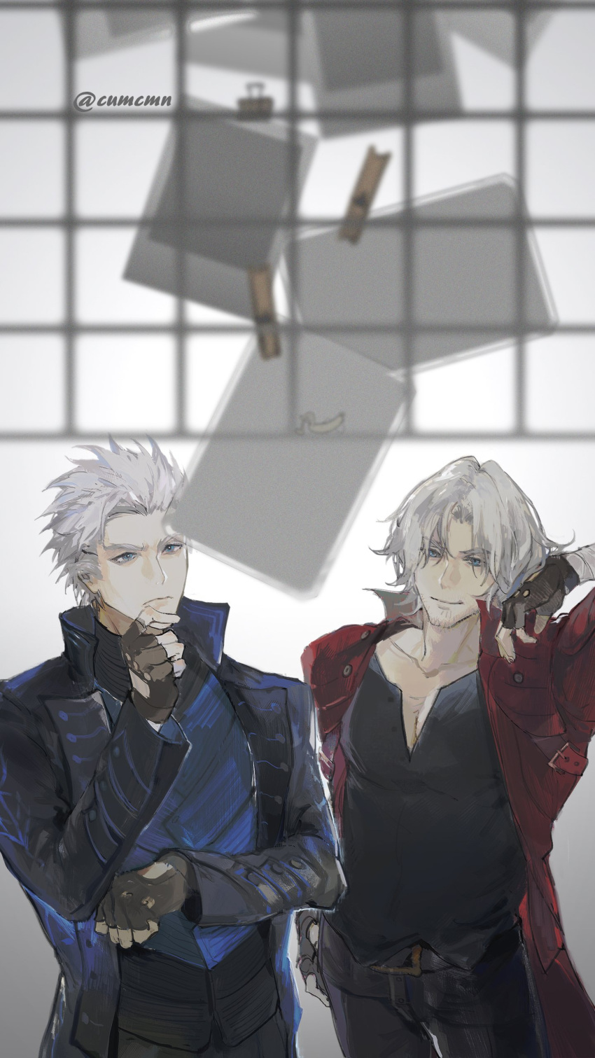 2boys absurdres arm_up bandaged_arm bandages bare_pectorals belt black_coat blue_eyes brown_gloves closed_mouth coat collarbone cumcmn dante_(devil_may_cry) devil_may_cry_(series) devil_may_cry_5 eyebrows_visible_through_hair facial_hair film_grain fingerless_gloves gloves grey_hair hair_slicked_back hand_on_own_chin highres light_blue_eyes male_focus multiple_boys open_clothes open_coat pectorals photo_(object) red_coat smile stubble thinking turtleneck twitter_username vergil_(devil_may_cry)