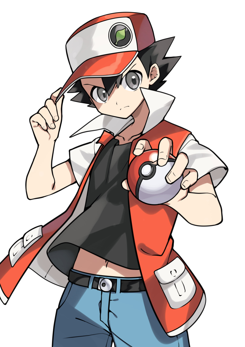 1boy absurdres bangs belt belt_buckle black_belt black_hair buckle closed_mouth collarbone commentary_request frown grey_eyes hair_between_eyes hand_on_headwear hat highres holding holding_poke_ball jacket male_focus navel open_clothes open_jacket pants poke_ball poke_ball_(basic) pokemon pokemon_(game) pokemon_rgby red_(pokemon) red_headwear shirt short_hair solo spiky_hair white_background yuihico