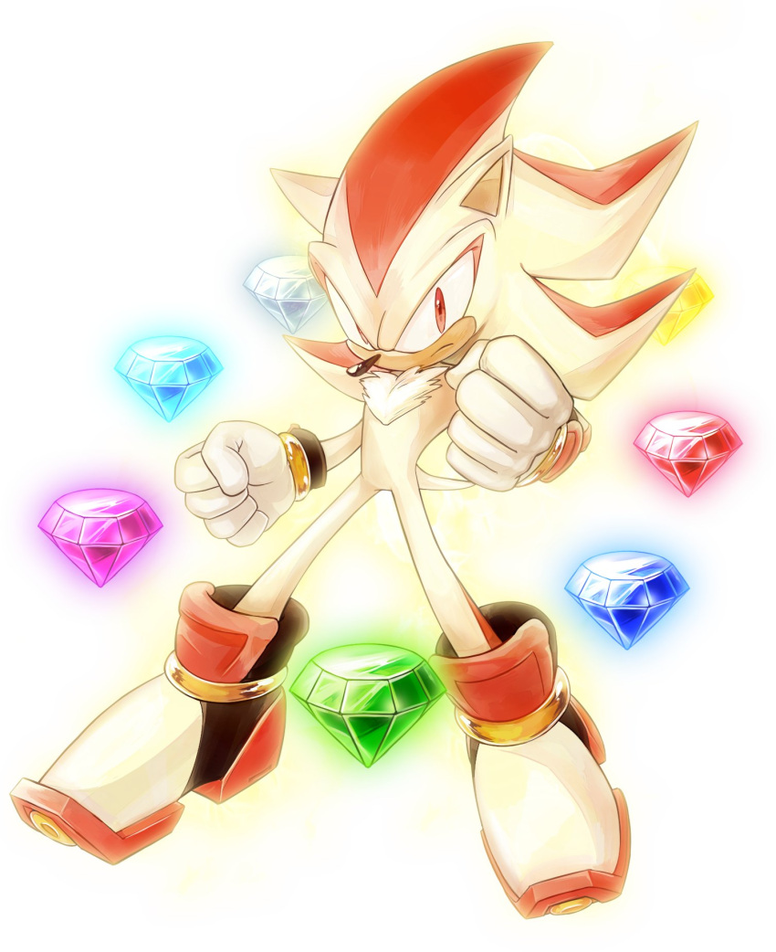1boy armband chaos_emerald clenched_hands furry furry_male gauntlets gem gloves glowing green_gemstone highres legband male_focus multicolored_fur nisibo25 pointy_nose red_eyes red_fur shadow_the_hedgehog shoes simple_background solo sonic_(series) spiky_hair super_shadow white_fur yellow_fur