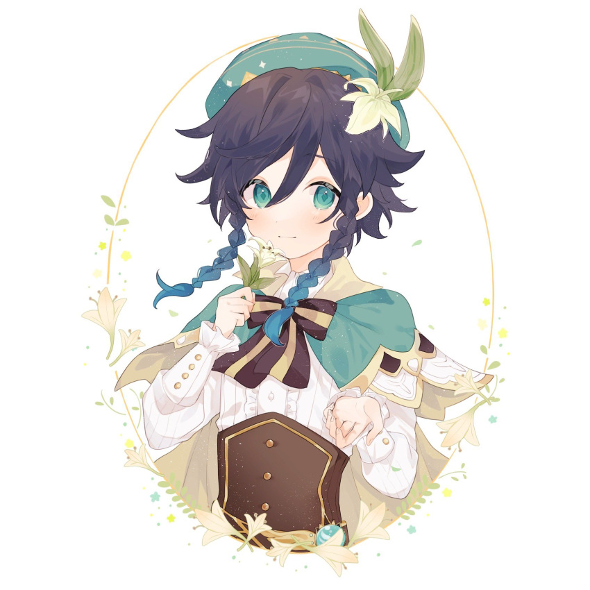 1boy bangs beret black_hair blue_hair blush bow cape closed_mouth commentary_request flower genshin_impact gradient_hair green_eyes green_headwear hat hat_flower highres holding holding_flower long_sleeves looking_at_viewer male_focus multicolored_hair otoko_no_ko simple_background solo star_(symbol) tamam_gnsn venti_(genshin_impact) vision_(genshin_impact) white_flower
