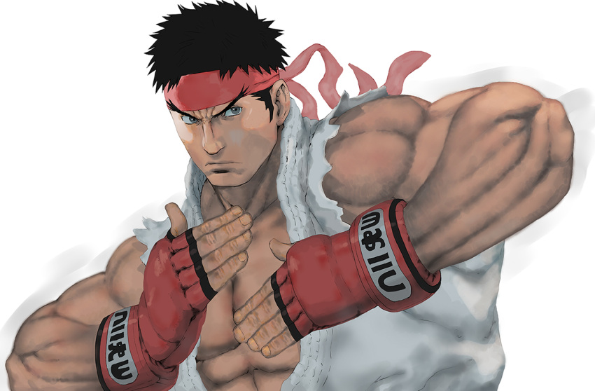 1boy abs black_hair closed_mouth dougi fighting_stance fingerless_gloves gloves headband large_pectorals male_focus muscular muscular_male nt_(gun-ash) pectorals red_gloves red_headband ryu_(street_fighter) short_hair simple_background solo street_fighter street_fighter_6 torn_clothes upper_body white_background