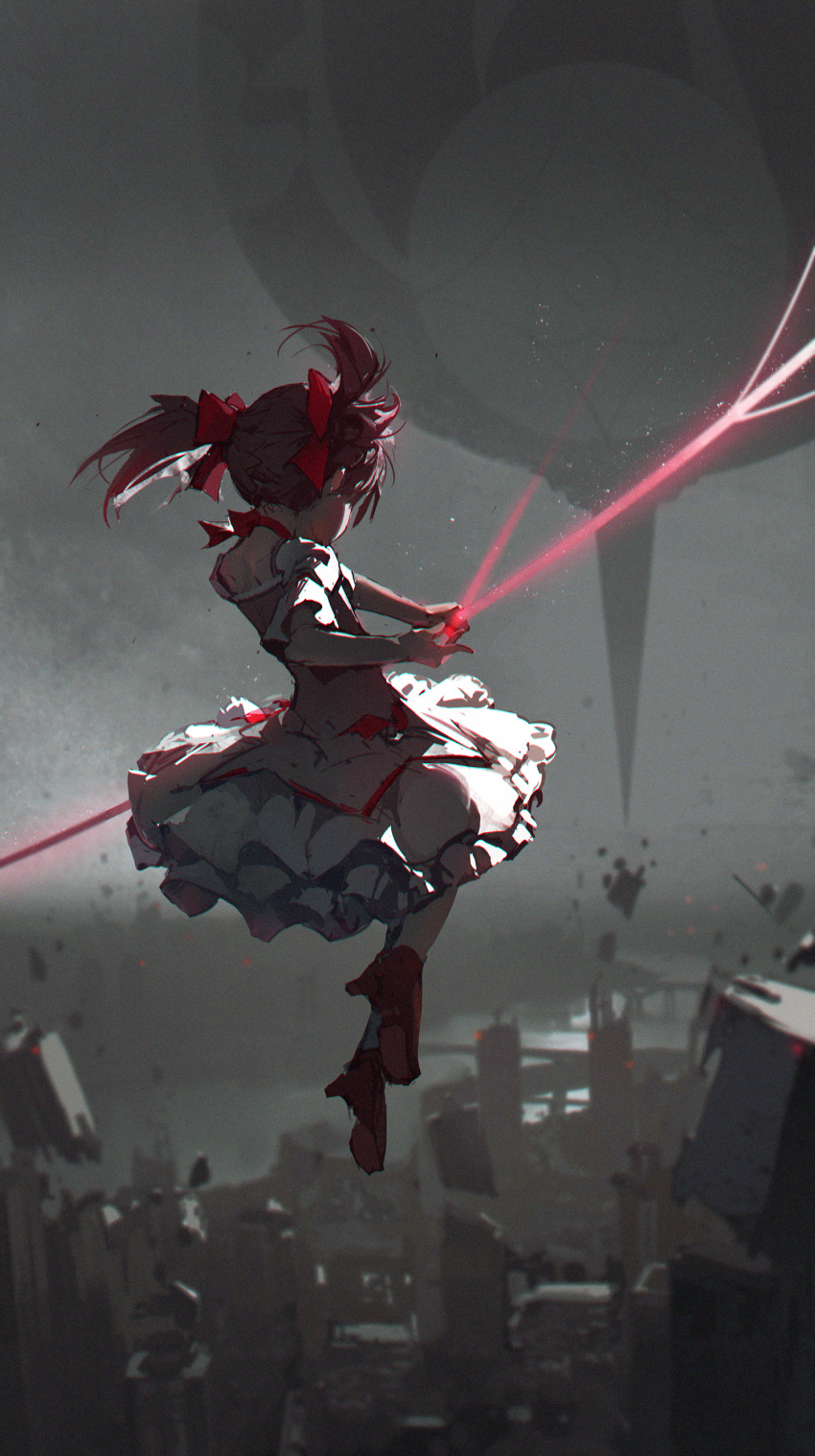 1girl absurdres bow choker dino_(dinoartforame) floating frilled_skirt frills hair_bow high_heels highres kaname_madoka magic magical_girl mahou_shoujo_madoka_magica medium_hair pink_hair pink_shirt puffy_short_sleeves puffy_sleeves red_bow red_choker red_footwear shirt short_sleeves short_twintails skirt solo twintails white_skirt