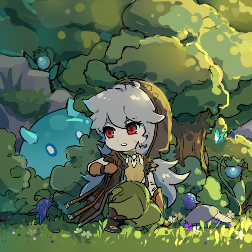 1boy berry bone_necklace bug bush butterfly chibi full_body genshin_impact gloves grey_hair highres jewelry long_hair male_focus nage_ren_de_richang necklace razor_(genshin_impact) red_eyes scar scar_on_face scenery slime_(creature) solo_focus tree