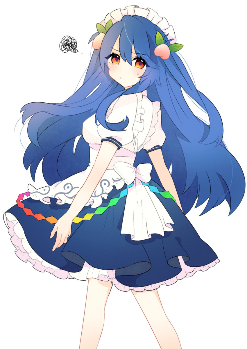 1girl apron blouse blue_hair blue_skirt bow buttons food-themed_hair_ornament frilled_apron frills hair_ornament highres hinanawi_tenshi long_hair maid maid_headdress necono_(nyu6poko) peach_hair_ornament puffy_short_sleeves puffy_sleeves rainbow_order red_eyes shirt short_sleeves simple_background skirt solo sweat touhou two_side_up white_background white_shirt