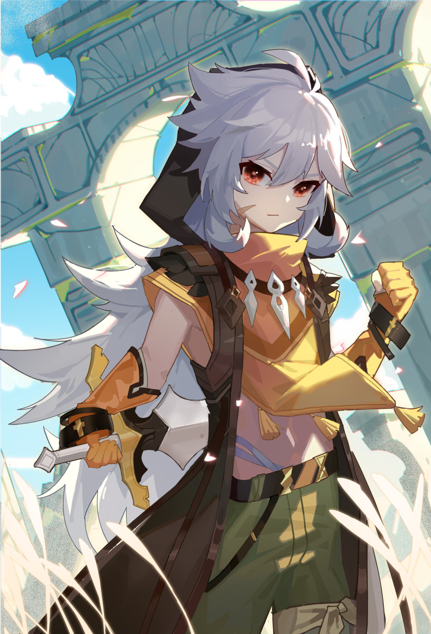 1boy absurdres ahoge alan_lan_lan bishounen blue_sky bone_necklace cowboy_shot genshin_impact gloves grey_hair highres hood hoodie jewelry long_hair male_focus necklace razor_(genshin_impact) red_eyes ruins scar scar_on_arm scar_on_face sky sleeveless solo sword weapon