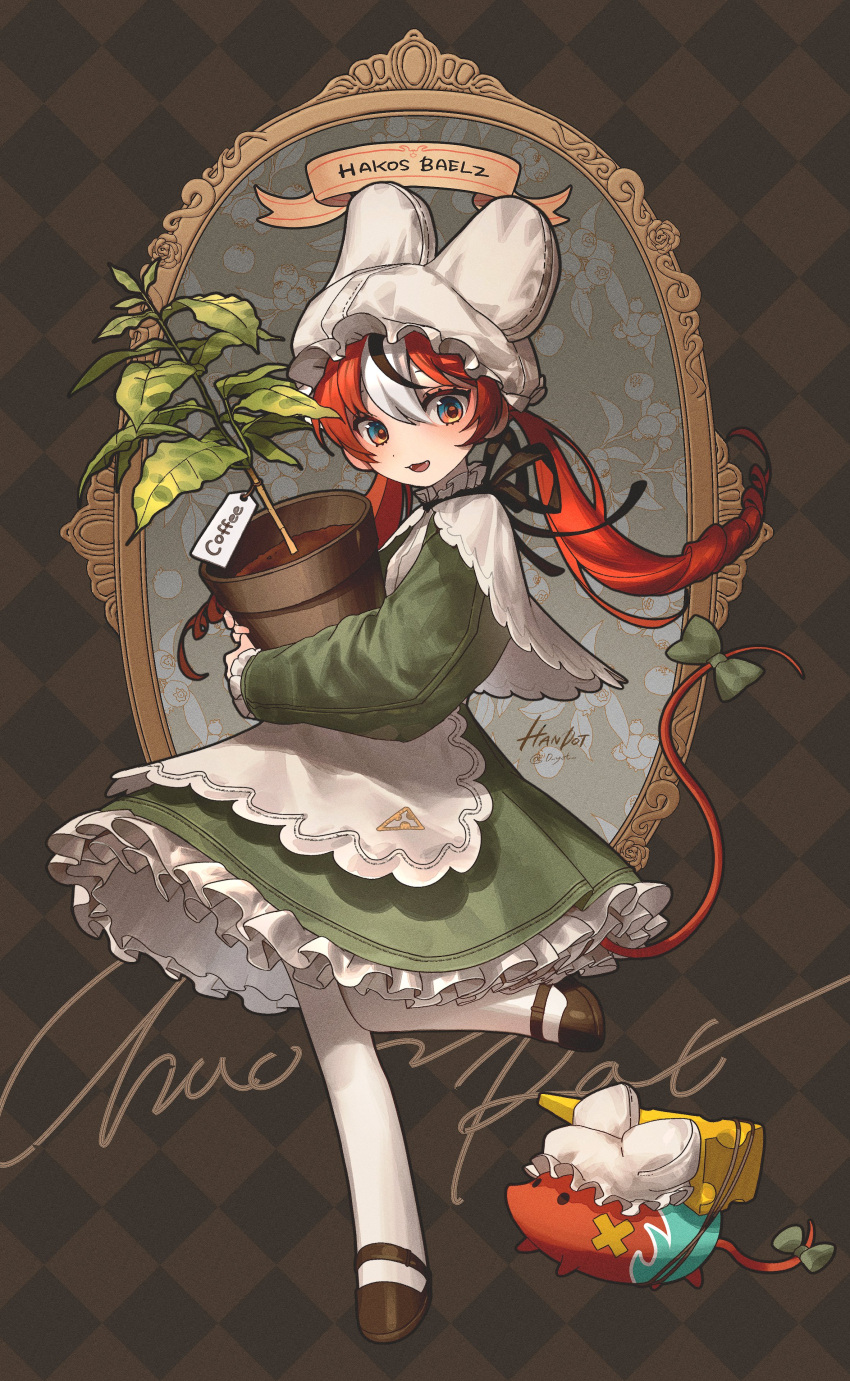 1girl absurdres alternate_costume alternate_hairstyle apron bangs black_footwear black_hair blue_eyes bow character_name coffee_tree dress fangs frilled_apron frills full_body green_bow green_dress hair_between_eyes hakos_baelz handot_(d_yot_) hat highres hololive hololive_english long_sleeves looking_at_viewer low_twintails mob_cap mouse_girl mouse_tail multicolored_eyes multicolored_hair open_mouth pantyhose petticoat plant potted_plant red_eyes redhead shawl sidelocks smile solo standing streaked_hair tail tail_bow tail_ornament twintails white_apron white_hair white_legwear
