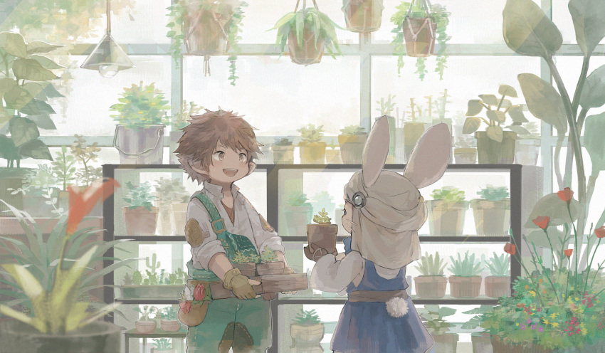 1boy 1other :d androgynous animal_ears avatar_(ff14) brown_eyes brown_gloves brown_hair brown_headwear commentary cowboy_shot day facing_away final_fantasy final_fantasy_xiv flower furry gloves greenhouse grey_shirt hanging_plant highres holding holding_plant indoors lalafell lamp leaf looking_at_another loporrit male_focus omori_hakumai overalls plant pointy_ears potted_plant pouch rabbit_ears rabbit_tail red_flower shelf shirt short_hair smile standing tail turban