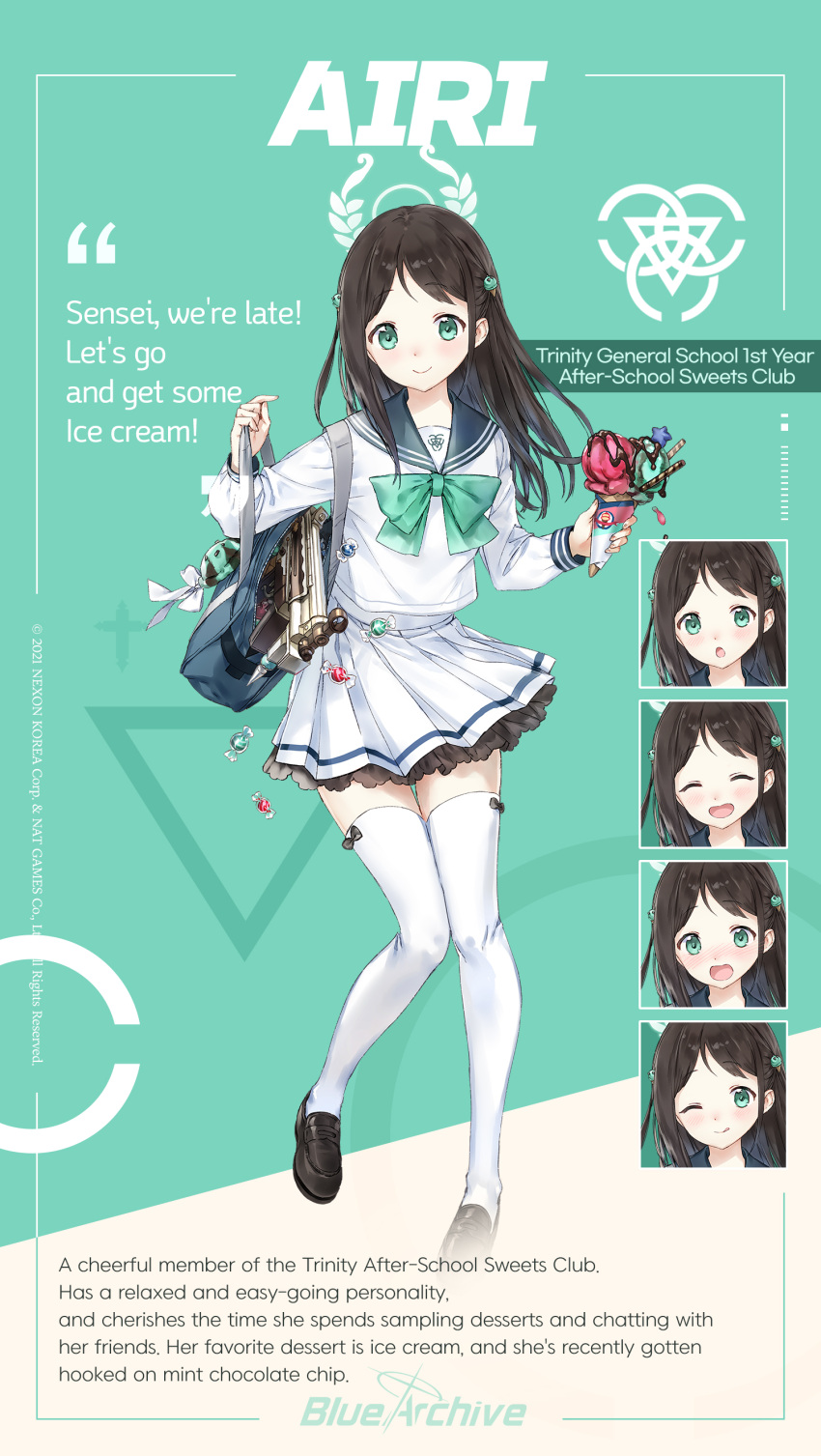 1girl absurdres airi_(blue_archive) aqua_eyes bag black_hair blue_archive bow bowtie character_name character_sheet chocolate double_scoop expressions food food-themed_hair_ornament frilled_skirt frills full_body gun h&amp;k_mp5k hair_ornament highres holding ice_cream ice_cream_cone ice_cream_hair_ornament long_hair macciatto_(aciel02) official_art school_bag school_uniform serafuku shoes skirt solo submachine_gun thigh-highs weapon white_serafuku