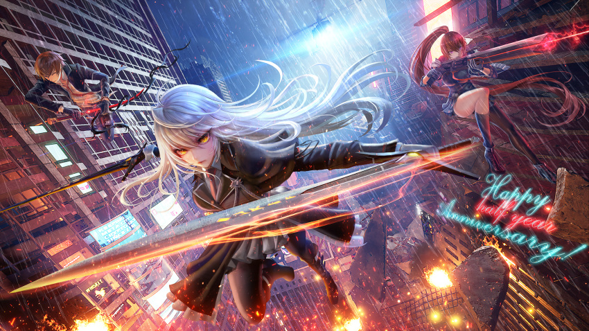 1boy 2girls aircraft black_legwear building counter:side fufu gun helicopter highres hilde_(counter:side) joo_shiyoon looking_at_viewer multiple_girls necktie outdoors ponytail rain skirt sword weapon white_hair yellow_eyes yoo_mina