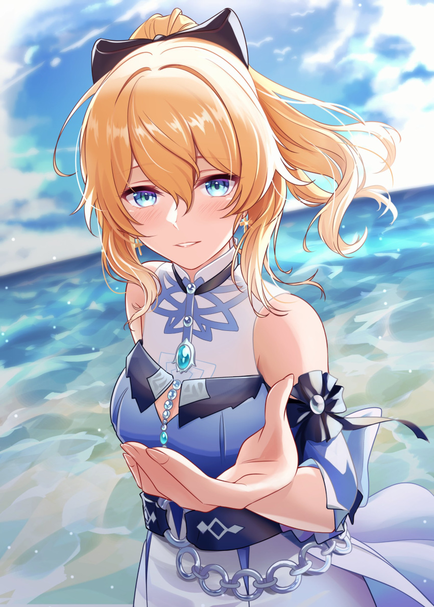 1girl absurdres bangs bare_shoulders beach beckoning black_bow blonde_hair blue_eyes blue_shirt blue_sleeves bow detached_sleeves earrings genshin_impact hair_between_eyes hair_bow highres jean_(genshin_impact) jean_(sea_breeze_dandelion)_(genshin_impact) jewelry looking_at_viewer mon-chan outstretched_hand ponytail shirt short_sleeves sidelocks sky solo upper_body water