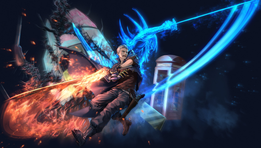 1boy attack black_coat black_footwear black_gloves black_pants blue_eyes boots brown_sweater coat devil_may_cry_(series) devil_may_cry_4 fingerless_gloves flaming_sword flaming_weapon full_body gloves greenkohgen grey_hair highres holding holding_sword holding_weapon magic nero_(devil_may_cry) open_clothes open_coat open_mouth pants phone_booth short_hair solo sweater sword very_short_hair weapon