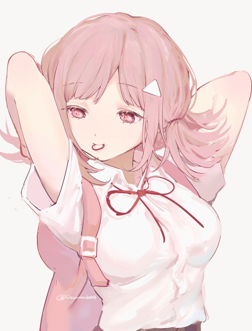 1girl alternate_hairstyle arms_up backpack bag bangs blunt_bangs breasts collared_shirt commentary danganronpa_(series) danganronpa_2:_goodbye_despair grey_background highres large_breasts liang_cun_rakuna mouth_hold nanami_chiaki neck_ribbon no_jacket pink_eyes red_ribbon ribbon shirt short_sleeves simple_background solo symbol-only_commentary triangle_hair_ornament upper_body white_shirt