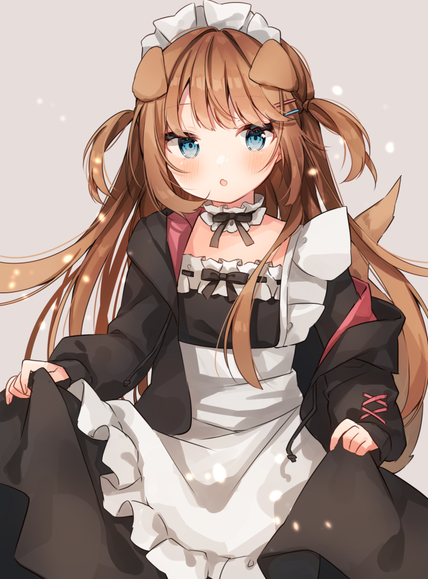 1girl :o animal_ears bangs black_bow black_bowtie black_dress blue_eyes blush bow bowtie brown_hair cowboy_shot detached_collar dog_ears dog_girl dog_tail dress dress_bow extra_ears eyebrows_visible_through_hair frilled_dress frills hair_ornament hairclip heripiro highres long_hair long_sleeves looking_at_viewer maid maid_headdress original simple_background skirt_hold solo standing tail tail_raised two_side_up very_long_hair