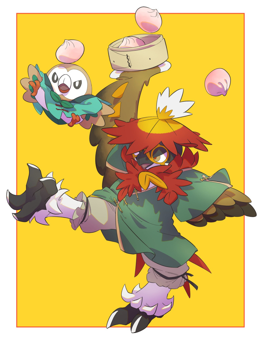 arm_up bamboo_steamer baozi border bright_pupils chinese_clothes cloak clothed_pokemon coat commentary_request food green_coat highres hisuian_decidueye holding leg_up open_mouth pkpokopoko3 pokemon pokemon_(creature) red_pupils rowlet tongue white_border white_pupils yellow_background