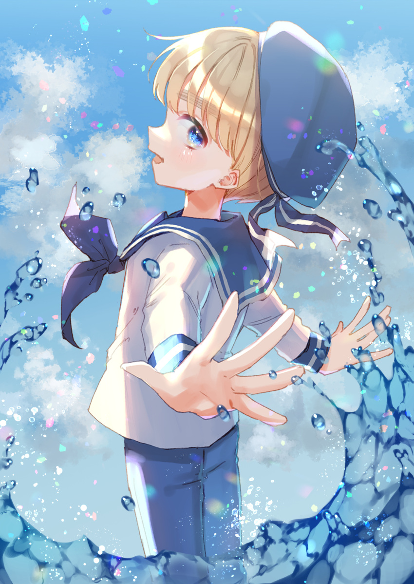 1boy axis_powers_hetalia beret blonde_hair blue_eyes blue_neckerchief caustics child hat hatake_hukuro highres light looking_at_viewer looking_back male_child male_focus neckerchief open_mouth outstretched_arms sealand_(hetalia) shiny shiny_hair smile solo water waves