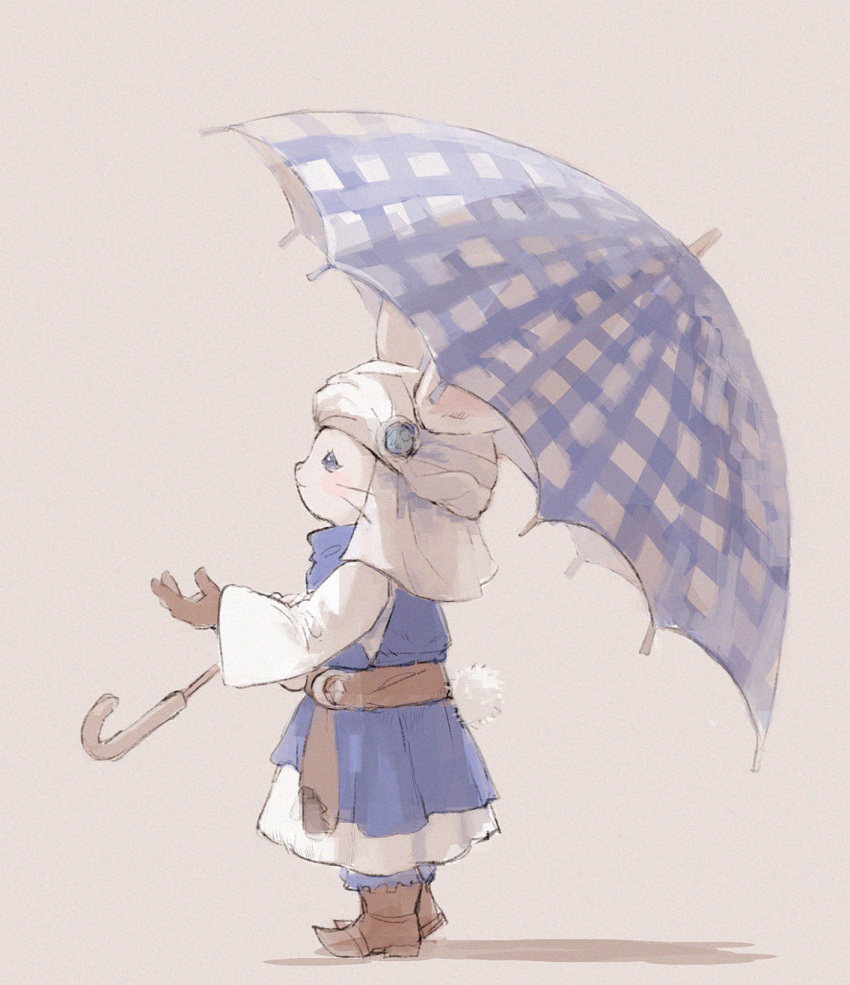 1other androgynous animal_ears blue_dress blue_eyes boots brown_footwear brown_gloves commentary dress english_commentary final_fantasy final_fantasy_xiv from_side full_body furry gloves hand_up highres holding holding_umbrella long_sleeves looking_up loporrit omori_hakumai outstretched_arm plaid_umbrella profile rabbit_ears rabbit_tail sash simple_background solo standing tail turban umbrella whiskers white_headwear wide_sleeves yellow_background