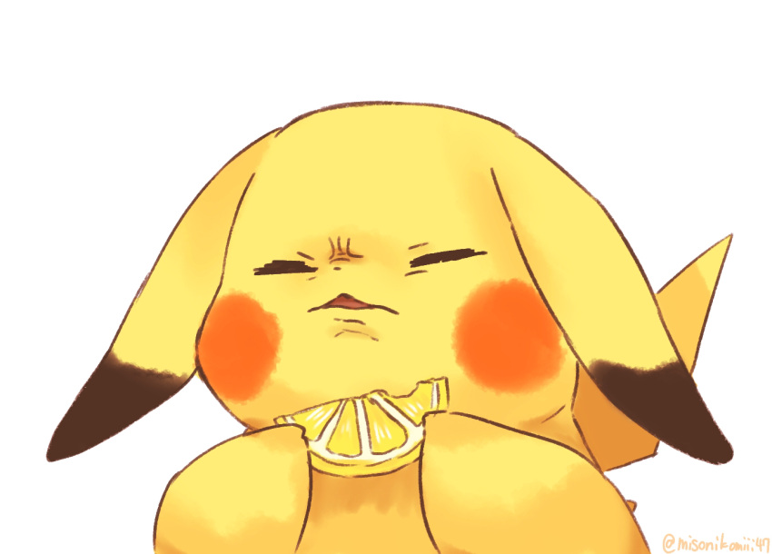 animal animal_focus artist_name closed_eyes commentary_request food fruit holding lemon lemon_slice misonikomiii no_humans open_mouth parted_lips pikachu pokemon pokemon_(creature) simple_background upper_body white_background wrinkled_frown_(detective_pikachu)