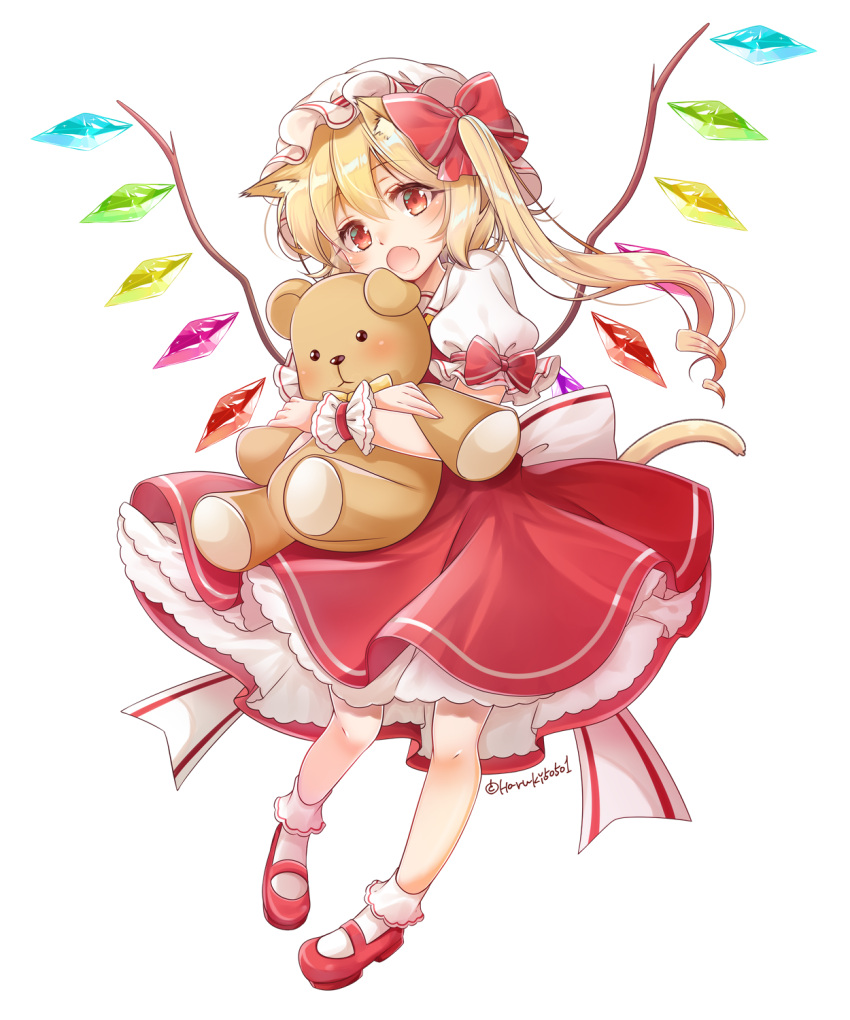 1girl ascot back_bow bangs blonde_hair blush bow collared_shirt crystal eyebrows_visible_through_hair fang flandre_scarlet frilled_skirt frilled_sleeves frills full_body hair_between_eyes haruki_(colorful_macaron) hat hat_bow hat_ribbon highres holding holding_stuffed_toy looking_at_viewer mary_janes medium_hair mob_cap one_side_up open_mouth puffy_short_sleeves puffy_sleeves red_bow red_eyes red_footwear red_ribbon red_skirt red_vest ribbon shirt shoes short_sleeves simple_background skirt skirt_set solo stuffed_animal stuffed_toy teddy_bear touhou twitter_username vest white_background white_bow white_headwear white_shirt wings wrist_cuffs yellow_ascot